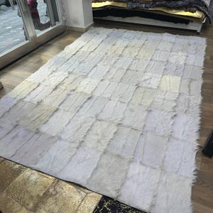 Handmade Off White Goatskin Rug | Fluffy Patchwork Leather Carpet, Natural Hide Area Rug, Custom Size Fur Rug