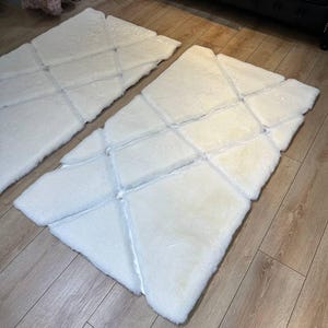 Unique White Silver Geometric Plush Area Rug, Faux Fur Runner Hallway Rug, Fluffy Rug, High Quality Plush Rug, Shaggy Rug, Luxury Soft Rug