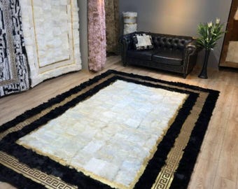 Alfombra de piel de oveja hecha a mano: pelo largo, lana antideslizante, decoración rústica