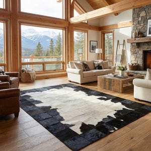 May include: A living room with a black and white cowhide rug. The room has a stone fireplace, wooden beams, and large windows with a mountain view. There is a sofa, armchairs, and a wooden coffee table. The room has a rustic, cosy feel.