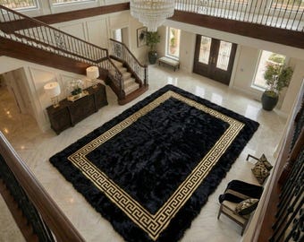 Alfombra de piel de oveja auténtica, única, color negro y dorado, de pelo largo, ideal para pasillos, suave y natural, ideal para sala de estar.