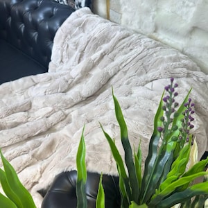 Handmade Natural Real Rabbit Beige Tones Fur Blanket Throw | Personalized Fur Sofa Cover Bedspread | Fluffy Throw Blanket | Soft Cozy Bedspread Cover