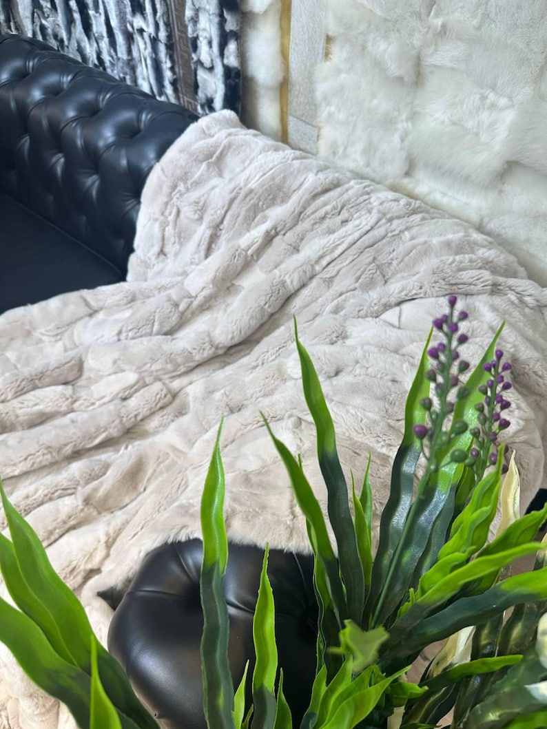 Handmade Natural Real Rabbit Beige Tones Fur Blanket Throw | Personalized Fur Sofa Cover Bedspread | Fluffy Throw Blanket | Soft Cozy Bedspread Cover