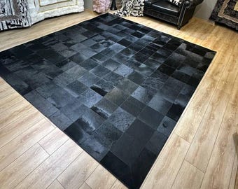Black Cowhide Rug | Handmade Hair-on-Hide Runner | Large Cow Skin Area Rug | Custom Size Carpet