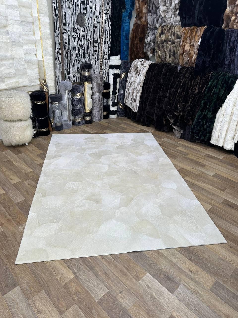 Elegant Beige Lambskin Area Rug | Custom 8x10 Rug | Soft Fine Pile Bedroom Rug | Non-Slip Wool Rug | Home Decor | Patchwork Sheepskin Rug