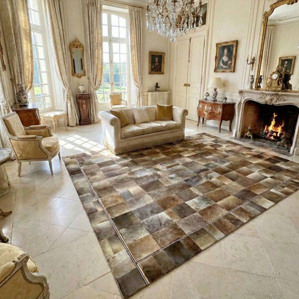 Brown Patchwork Cowhide Rug | Handmade Genuine Leather Carpet with Beige Accents | Rustic Modern Area Rug | Unique Office & Home Gift