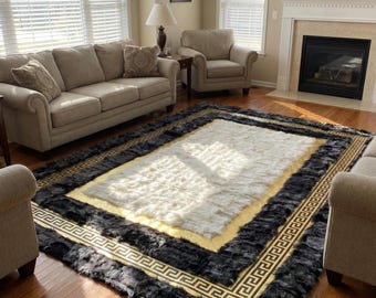 Handmade Sheepskin Patchwork Rug | White Gray Natural Wool Rug | Soft Luxury Sheepskin Carpet | Cozy Scandinavian Decor | Custom Size