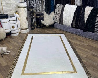 Handmade White & Gold Faux Fur Rug | Plush Shag, Modern Decor