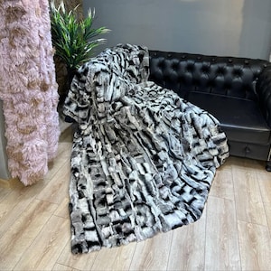 Elegant Rex Rabbit Fur Blanket Throw | Handmade Fur Sofa Cover Bedspread | Fluffy Throw Blanket | Soft Bedspread Cover | Cozy Sofa Fur Throw