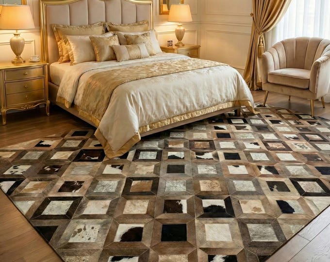 Featured listing image: Handmade Tricolour Cowhide Rug | 10x12 Bohemian Geometric Calfskin Area Rug