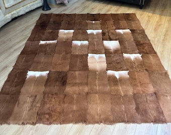 Brown Genuine Goatskin Rug | Handmade Patchwork Goatskin Rug | Natural Hair-on Leather Rug | Unique Living Room Carpet | Custom Goatskin Rug