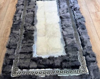 Ręcznie robiony szary dywan z owczej skóry: luksusowy puszysty dywan w stylu patchworku