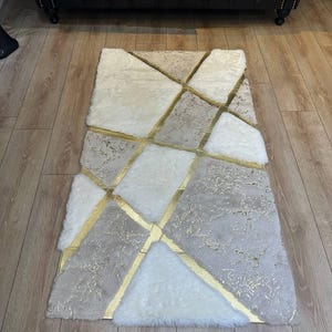 Geometric Plush Area Cozy Rug | Faux Fur Runner Hallway Rug | White Gold Fluffy Rug | High Quality Plush Rug | Shaggy Rug | Luxury Soft Rug