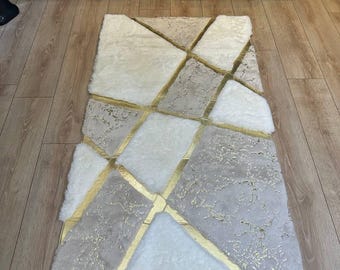 Geometric Plush Area Cozy Rug | Faux Fur Runner Hallway Rug | White Gold Fluffy Rug | High Quality Plush Rug | Shaggy Rug | Luxury Soft Rug