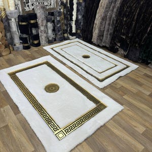 Handmade White and Gold Faux Fur Rug: Geometric Plush Area Rug
