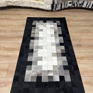 Natural Cowhide Leather Runner Rug, Handmade Interior Floor Carpet | Comfy Home Decor Rug, Hair on Leather Patchwork Rug, Hallway Rug