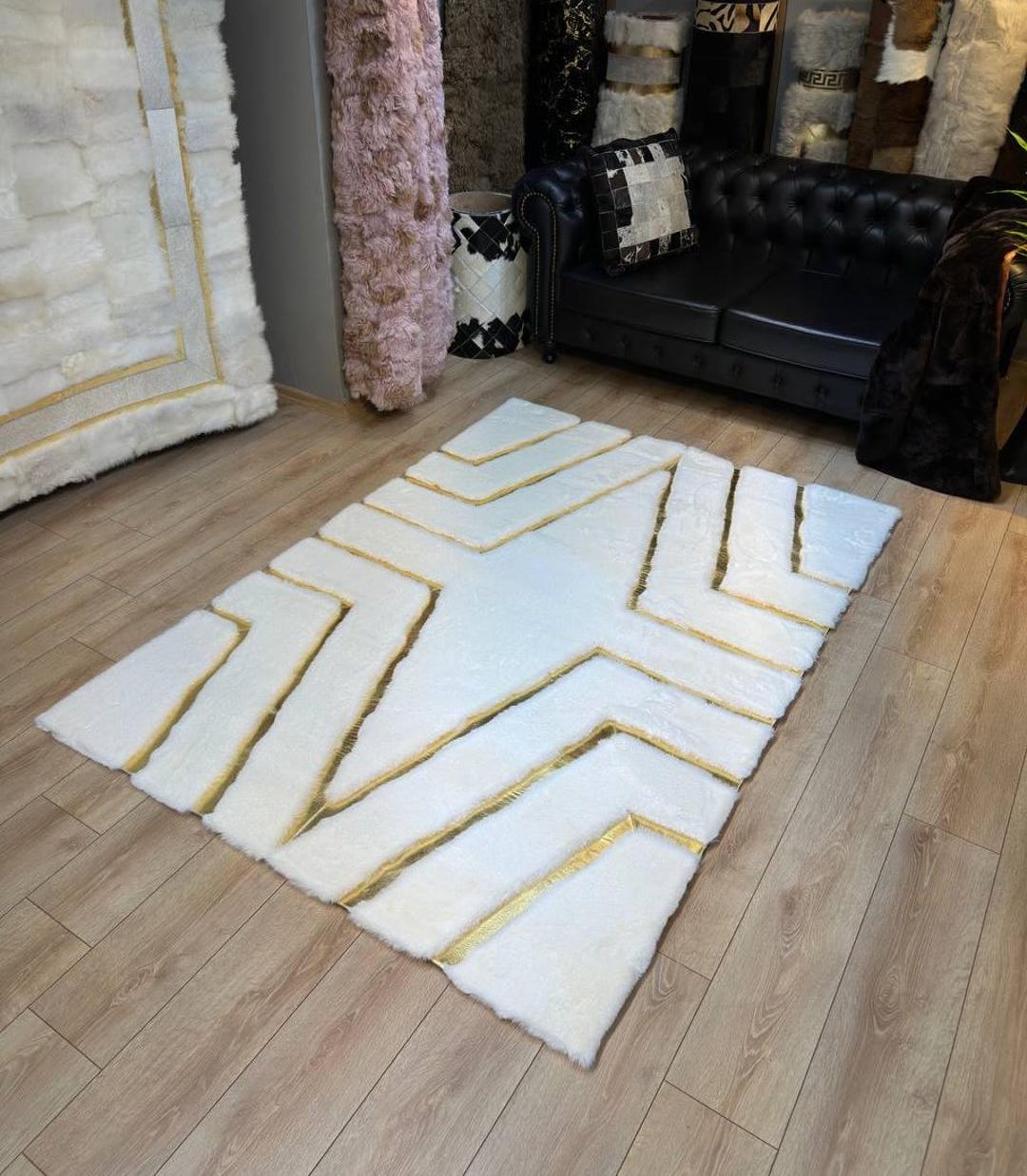 Geometric Plush Area White Gold Rug | Non Slip Fluffy Rug | Shaggy ...