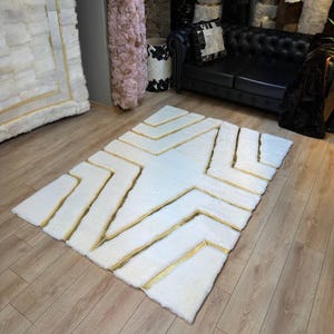 Geometric Plush Area White Gold Rug | Non Slip Fluffy Rug | Shaggy Luxury Soft Rug | Faux Fur | Office & Unique Soft Rug | Premium Decor