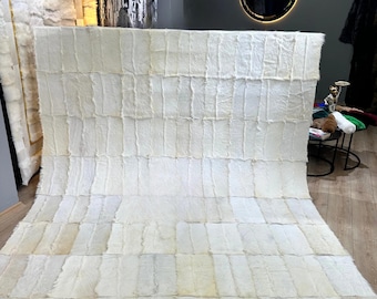 Handmade White Soft Fluffy Goatskin Rug - Natural Genuine Leather Patchwork Rug - Ivory Area Rug for Bedroom, Living Room, Hallway Decor