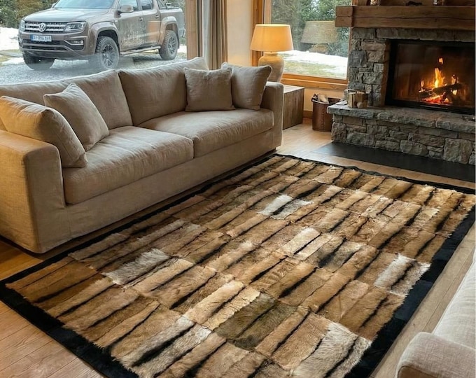 Featured listing image: Handmade Genuine Goatskin Rug 8x10 | Soft Hair-On Goat Hide Area Cozy Carpet | Natural Rug for Living Room | Rustic Farmhouse Cabin Decor