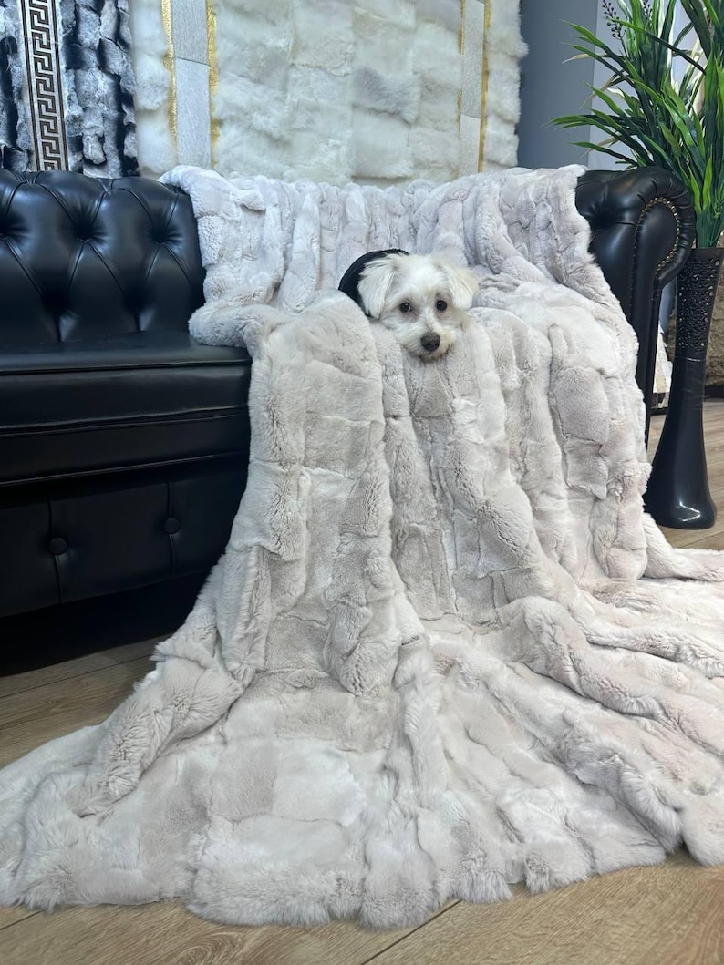 Handmade Natural Real Rabbit Beige Tones Fur Blanket Throw | Personalized Fur Sofa Cover Bedspread | Fluffy Throw Blanket | Soft Cozy Bedspread Cover