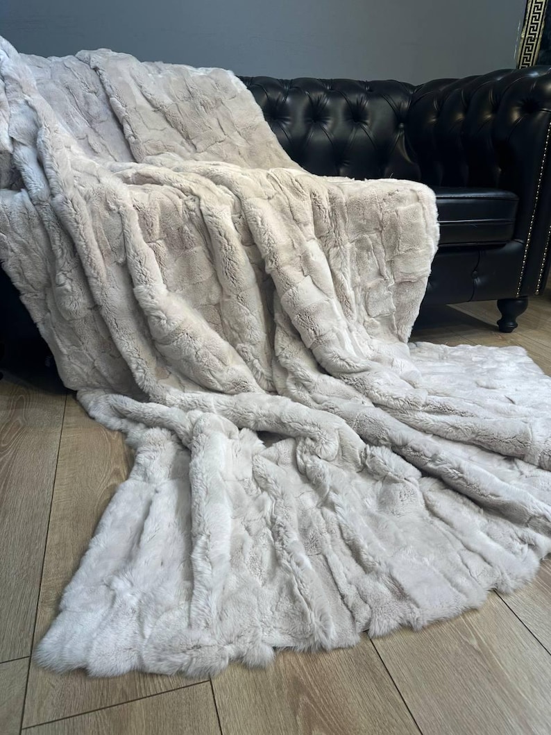 Handmade Natural Real Rabbit Beige Tones Fur Blanket Throw | Personalized Fur Sofa Cover Bedspread | Fluffy Throw Blanket | Soft Cozy Bedspread Cover