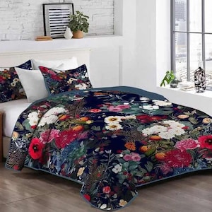 Beautiful Vibrant Colourful Rainbow Hippy Floral Flower Multi Coloured Quilted Bed Cover Set Throw 229cm x 229 cm + 2 Pillow Shams