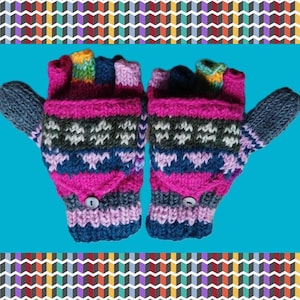 Handknitted Yak Nepalese Nepal Trekking Ethnic Ethical Wool Woollen Winter Fleece Lined Fingerless Gloves Mittens  - Blue Green Pink