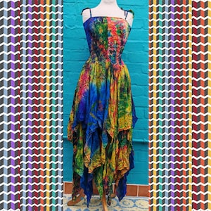 Bespoke Hippy Hippie Festival Stevie Nicks Recycled Silk Boho Bohemian Floaty Expandable Summer Sun Party Dress UK 10- 20 Rainbow
