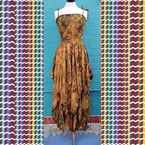 Hippy Hippie Festival Stevie Nicks Recycled Silk Boho Bohemian Floaty Expandable Summer Sun Party Dress UK size 10-20 US 6-16 Ochre/Green
