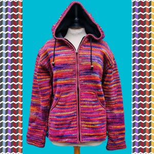 Hippy Festival Nepal Nepalese Boho Bohemian Hippie Yak Wool Woollen Fleece Lined Winter Pink Rainbow Boho Casual Hooded Jacket Coat M/L