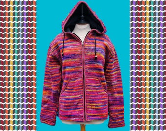 Hippy Nepal Boho Wool Fleece Lined Winter Pink Hooded Jacket Coat M/L