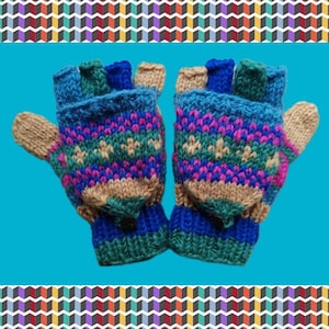 Handknitted Yak Nepalese Nepal Trekking Ethnic Ethical Wool Woollen Winter Fleece Lined Fingerless Gloves Mittens  - Blue Beige Pink Purple
