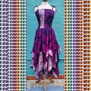 Hippy Hippie Festival Stevie Nicks Recycled Silk Boho Bohemian Floaty Expandable Summer Sun Party Dress UK size 10-20 US 6-16 Purple/Pink