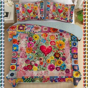 Beautiful Vibrant Colourful Rainbow Hippy Floral Flower Multi Coloured Quilted Bed Cover Set Throw 229cm x 229 cm + 2 Pillow Shams