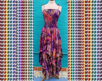 1 taille pour tous Festival hippie hippie Stevie Nicks Soie recyclée Boho Boho flottant extensible robe de soirée soleil sorcière Royaume-Uni 10-20 violet multi