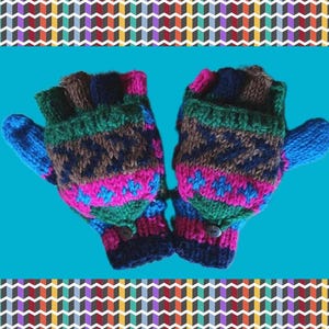 Handknitted Yak Nepalese Nepal Trekking Ethnic Ethical Wool Woollen Winter Fleece Lined Fingerless Gloves Mittens  - Blue Green Pink