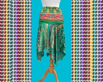Cousu main Hippy Hippie Festival Stevie Nicks Mini-robe en soie recyclée Boho Boho flottante extensible avec jupe pare-soleil d'été Royaume-Uni tailles 6-10 vert