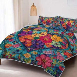 Beautiful Vibrant Colourful Rainbow Hippy Floral Flower Multi Coloured Quilted Bed Cover Set Throw 229cm x 229 cm + 2 Pillow Shams
