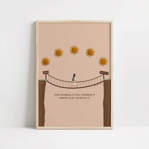 Può includere: Una stampa artistica incorniciata con un'illustrazione minimalista. Una persona cammina su un ponte con il testo "Your progress is still progress if nobody else validates it." Sopra, sei soli brillano. Le parole "today" e "tomorrow" sono su cartelli.