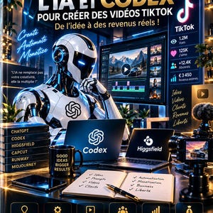 May include: An ebook cover titled MAÎTRISER L'IA ET CODEX featuring a futuristic robot at a desk with laptops, a mug labelled GOOD IDEAS BIGGER RESULTS, and a notebook with handwritten lists. The design includes TikTok analytics and software logos.