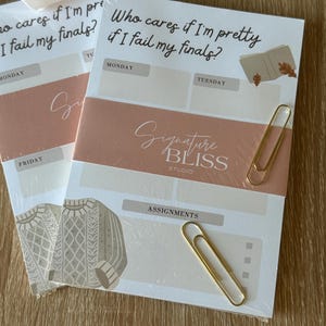 Pode incluir: Dois blocos de notas com o texto "Who cares if I'm pretty if I fail my finals?" e "Signature Bliss Studio". Cada bloco de notas tem seções para os dias da semana e tarefas, com um gráfico de suéter. Incluem-se clipes de papel dourados.