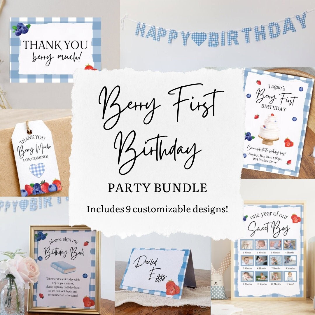 Berry First Birthday Party Decor Pack: Invitation, Banner, Signs ...
