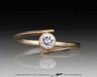 Mokume Gane 'Asterna' Ring with 0.28ct Recycled Round Diamond set in 14kt Rose Gold