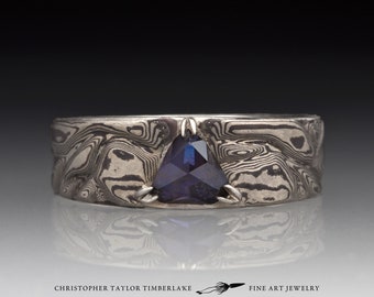 Mokume Gane 14K Palladium White Gold and Sterling Silver Purple Spinel 'Eridanus' Ring