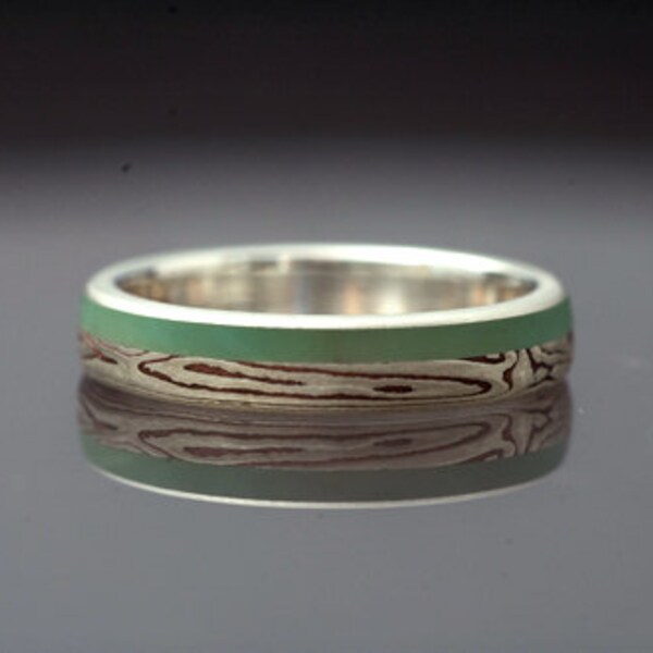 Mokumé Gane Sterling Silver and Etched Copper Chrysoprase Inlay Ring