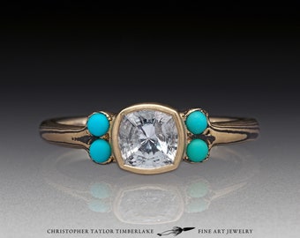 Mokume Gane 18K Yellow Gold and Sterling Silver Ring with Gray Cushion Montana Sapphire and Round Turquoise Accent Stones