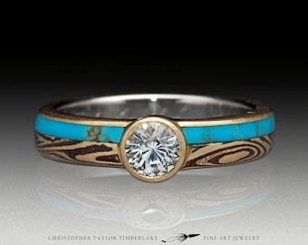 Mokume Gane 14K Yellow Gold, Shakudo and Sterling Silver Ring with Turquoise Inlay and White Sapphire