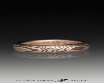 Mokume Gane 14K Rose Gold, Sterling Silver, and Shakudo Narrow Ring