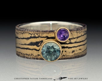 Mokume Gane 18kt Yellow Gold Montana Sapphire and Spinel 'Undras' Ring